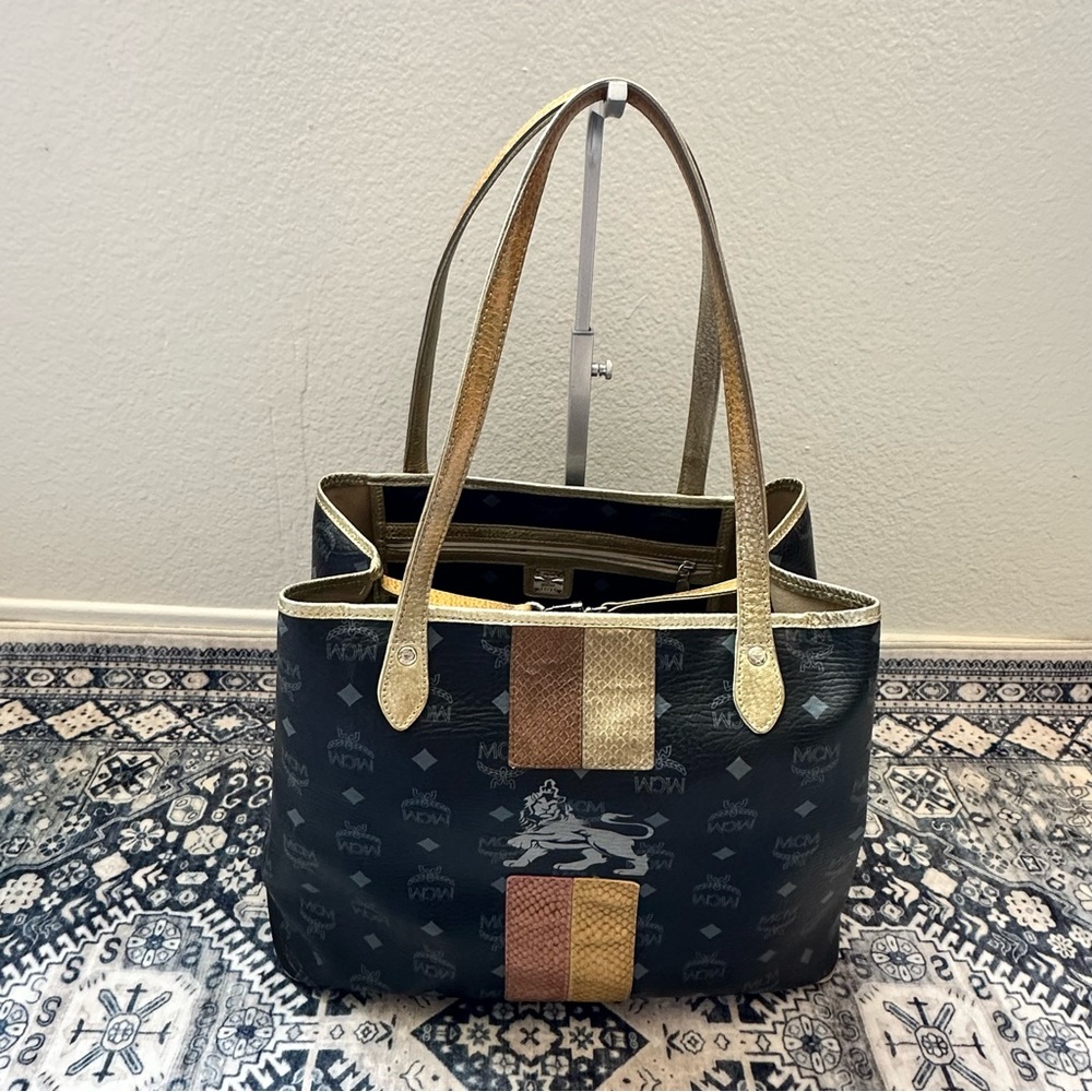 MCM Visetos Coated Canvas, Snakeskin Embossed and Leather Princess Lion Tote